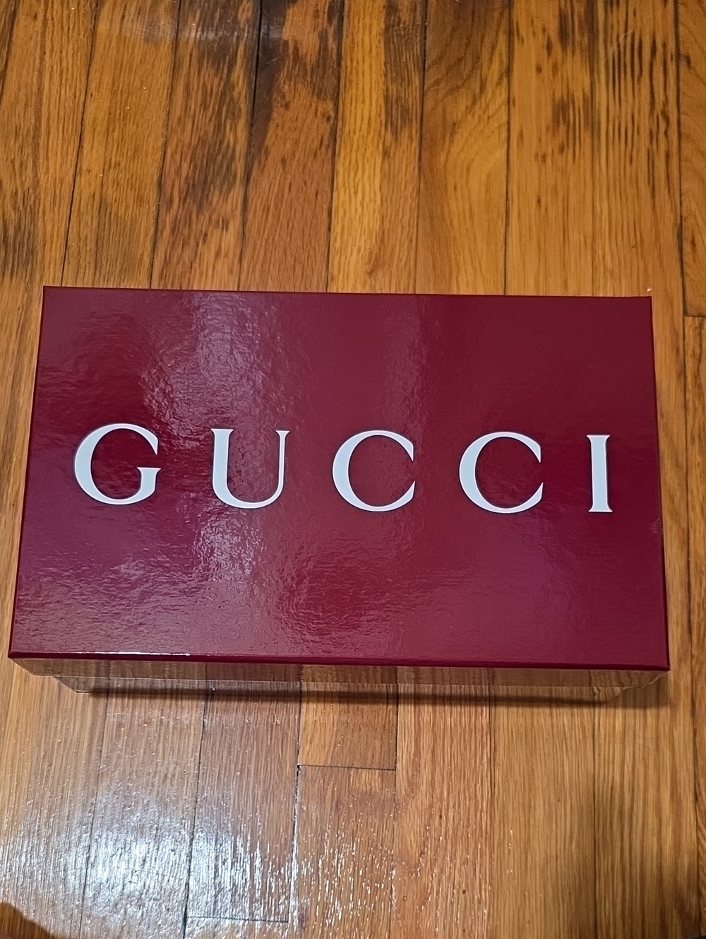 Gucci Glossy Burgundy Shoe Box with White Logo And Shopping Bag.